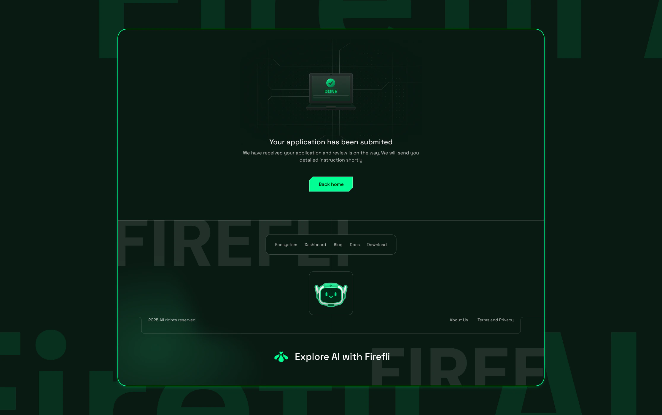 Firefly AI hosting application confirmation and branded website footer